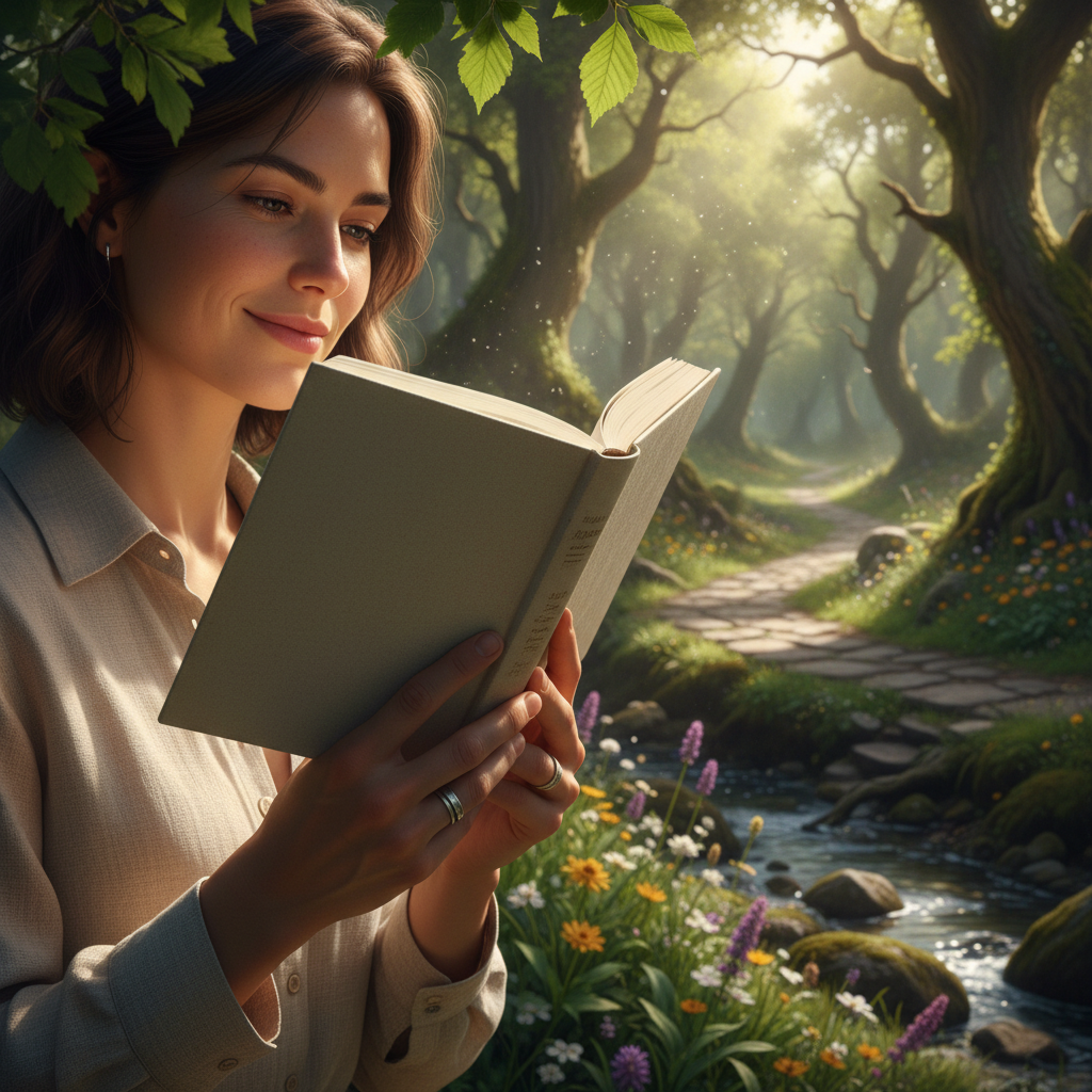 Nahaufnahme einer Person beim ruhigen Lesen eines Buches in einer nat&uuml;rlichen Umgebung, Symbol f&uuml;r kognitive Routinen und bewusste Zeitgestaltung