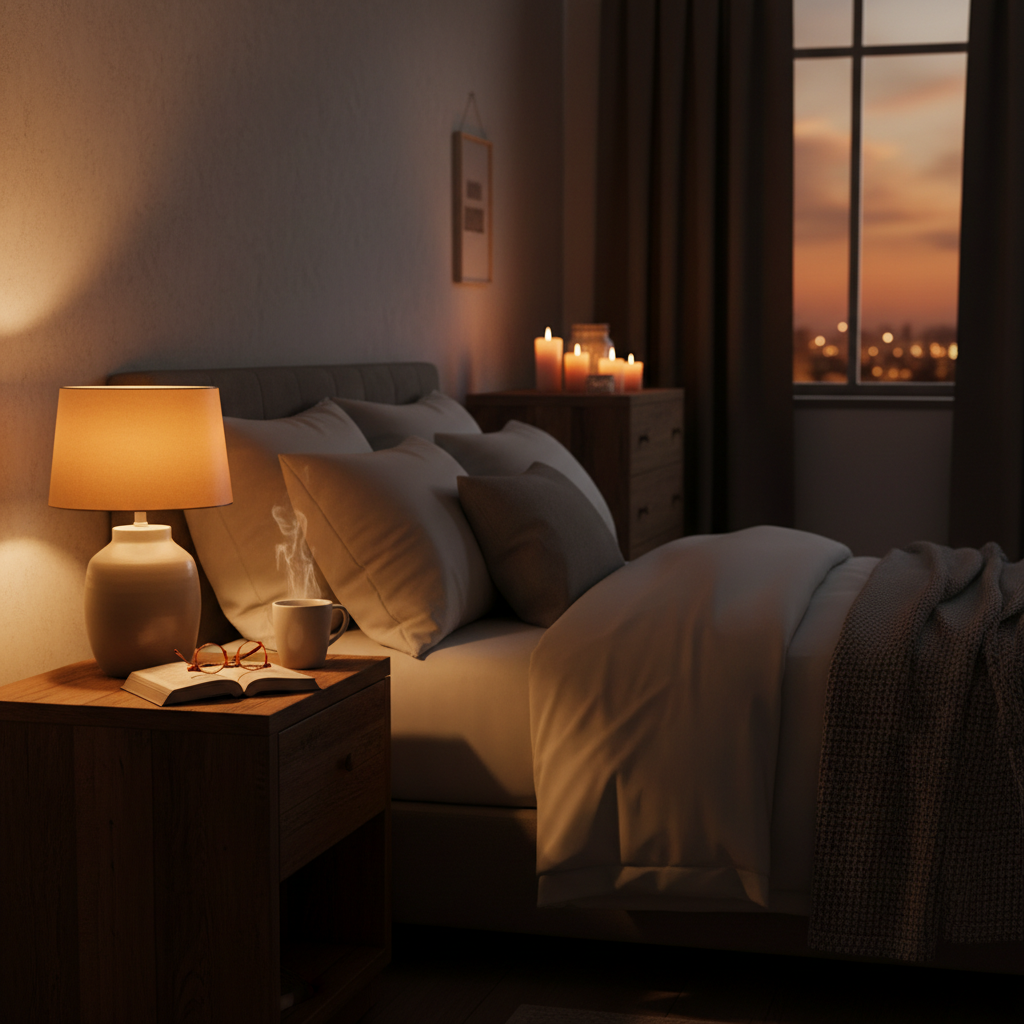 Gedimmtes warmes Licht in einem ruhigen Raum am Abend, symbolisiert das bewusste Abschalten und Vorbereiten auf erholsamen Schlaf